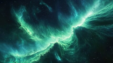 a stunning space scene of green nebulae resembling auroras rippling across the dark void background 