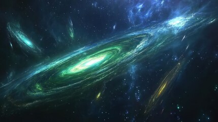 A stunning space scene of green nebulae resembling auroras rippling across the dark void background wallpaper AI generated image