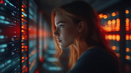 Woman observing digital data streams on server screens.