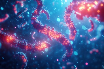 Poster - Antibodies attacking glowing viruses in a vibrant scientific depiction of immune response dynamics. Generative AI