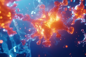 Poster - Antibodies attacking glowing viruses in a digital visualization of immune response. Generative AI