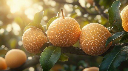 ripe speckled pears hanging on a tree branch