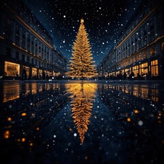 Winter Wonderland: Tranquil City Plaza with Glowing Christmas Tree and Softly Falling Snow