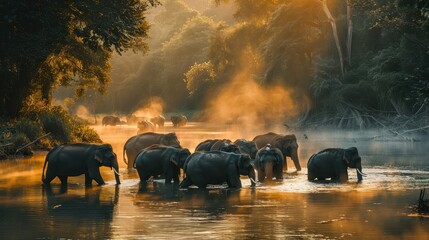 Canvas Print - Elephants Enjoying a Morning Bath in a Misty River