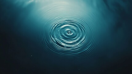 Poster - Single drop of water creating perfectly circular ripples expanding on a dark blue water surface, with a subtle light reflection adding depth and tranquility to the scene