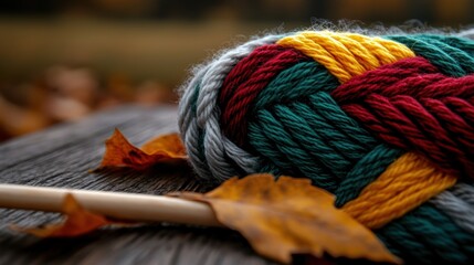 Wall Mural - a ball of yarn and a wooden stick on a wooden table