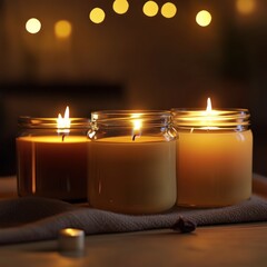 Wall Mural - Three lit jar candles on a table with a blurred background.