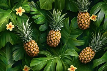 Aufkleber - Tropical seamless pattern featuring ripe pineapples and lush green leaves in a vibrant floral environment. Generative AI