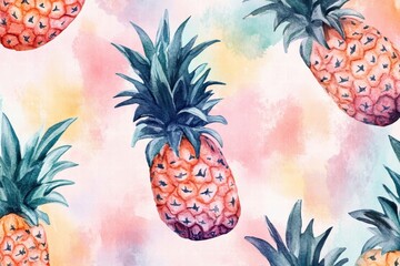 Poster - Refreshing watercolor pineapple pattern with vibrant colors and lively tropical feel for decorative use. Generative AI