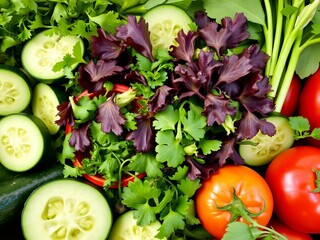 Assorted fresh vegetables with green smoothie in glass and lemon half, herbs, cucumbers, detox