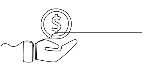 Hand holding coin continuous one line drawing art. Dollar linear symbol. Savings money concept. Vector isolated on white, Loan Single Line Icon, Economic And Financial Crisis concept graphic design.  