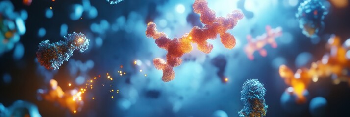 Leinwandbilder - Visualization of antibodies targeting glowing viruses in a dynamic and vibrant environment of molecular interaction. Generative AI