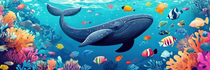 Poster - Whale swimming gracefully through a vibrant school of colorful fish in a clear ocean setting. Generative AI
