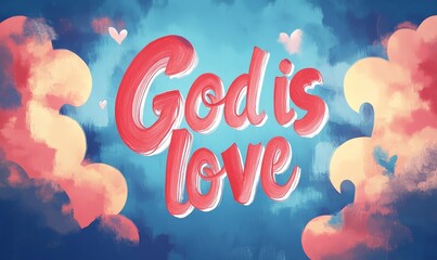 Wall Mural - God is love - lettering calligraphy on abstract clouds background. Religious concept.