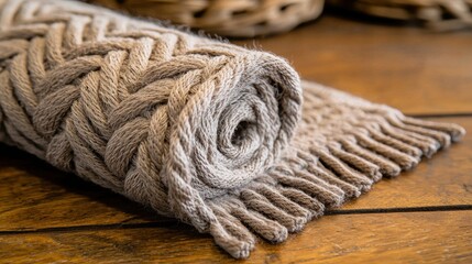 Wall Mural - a knitted blanket on a wooden table