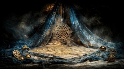 Aufkleber - Mystical great maya yantra etched in shimmering gold enigmatic setting artistic focus ethereal atmosphere