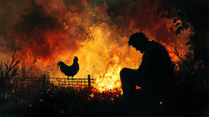 A weeping Saint Peter near a small fire, the flames flickering brightly against the dark surroundings, the silhouette of a rooster on a fence in the background, soft morning light breaking through,