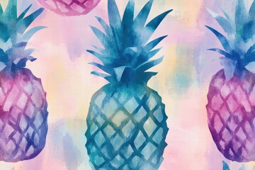 Poster - Bright watercolor pineapple pattern featuring vibrant colors and playful design elements for tropical decor and summer vibes. Generative AI