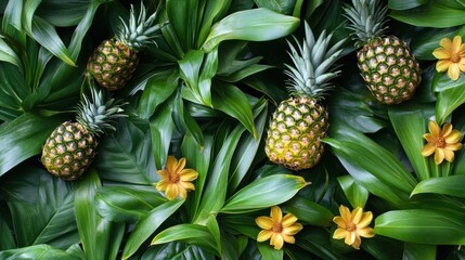 Poster - Tropical seamless pattern showcasing vibrant pineapples nestled among lush green foliage and cheerful flowers. Generative AI