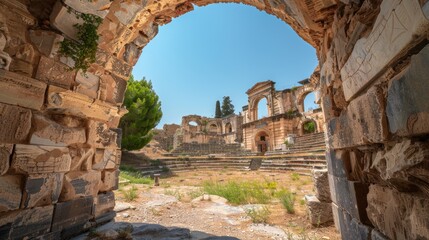 ancient theater captured through clear archway on a sunny day.