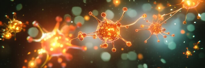 Fototapete - Viruses invading human cells during cellular infection process in a vivid microscopic view. Generative AI