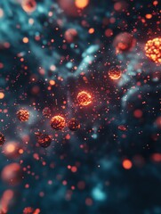Fototapete - Viruses invade cells creating a dynamic interaction in a microscopic environment with vibrant colors. Generative AI