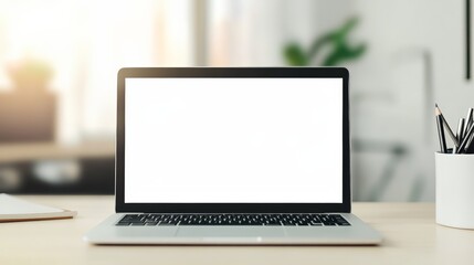 Wall Mural - open laptop displaying a blank white screen is placed on a wooden desk in a blurred home office sett