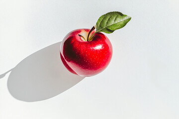 A single red apple with a glossy surface, fresh green leaf attached to the stem, isolated on a pure white background, ultra-sharp details, vibrant colors, soft shadows, professional food photography s