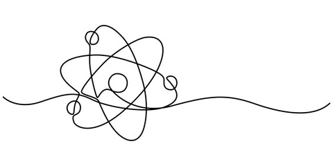 Continuous one line drawing atom or proton nucleus sign symbol isolated vector illustration, Atom symbol line art illustration, Continuous Line Drawing of Science Icon. science icon continuous one. 