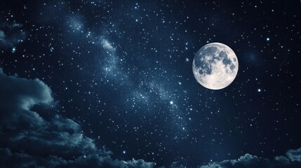 Poster - Starry night sky over tranquil landscape featuring bright full moon and twinkling constellations above. Generative AI
