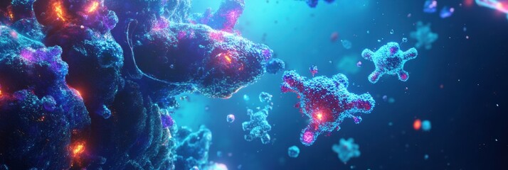 Fototapete - Visualized antibodies engaging with glowing viruses in a dynamic microscopic environment. Generative AI