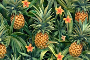 Poster - Vibrant tropical seamless pattern showcasing pineapples among lush green foliage and vibrant flowers. Generative AI