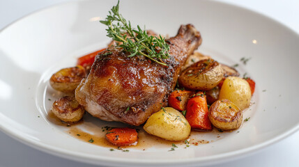 Wall Mural - Delicious duck confit served with roasted vegetables and crispy potatoes on a white plate