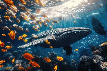 Poster - Whale swimming gracefully amongst vibrant school of fish in clear ocean waters during daylight hours. Generative AI