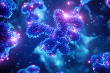 Fototapete - Visualization of antibodies actively targeting glowing viruses within a microscopic environment. Generative AI