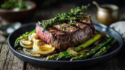 Wall Mural - Juicy grilled steak with asparagus and caramelized onions on a rustic plate