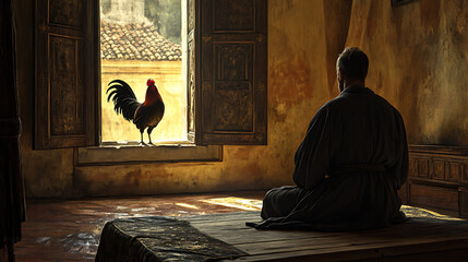 Saint Peter’s silhouette kneeling by a simple wooden bed, a rooster perched outside an open window, dawn light spilling into the room creating dramatic contrasts,