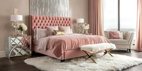 
Luxury bedroom with a velvet upholstered bed in blush pink, paired with mirrored nightstands and crystal table lamps.