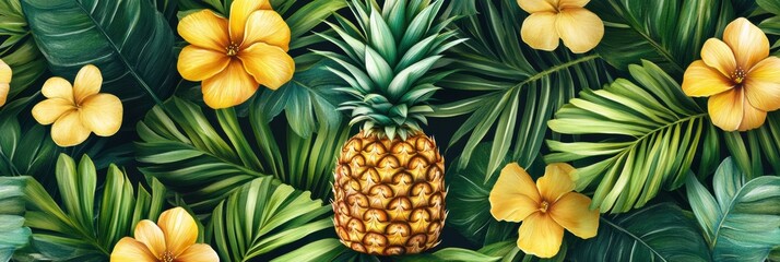 Poster - Tropical seamless pattern showcasing vibrant pineapples surrounded by lush green leaves and bright flowers in a lively design. Generative AI