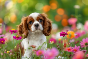 Cavalier king charles spaniel puppy among colorful flowers garden photography spring close-up joyful vibes