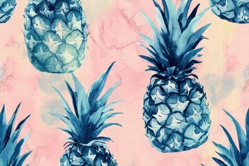 Poster - Watercolor pattern featuring vibrant pineapples against a soft pastel background ideal for tropical decor and design projects. Generative AI