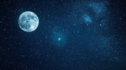 Poster - Full moon illuminates starry night sky filled with constellations and twinkling stars in a serene landscape. Generative AI