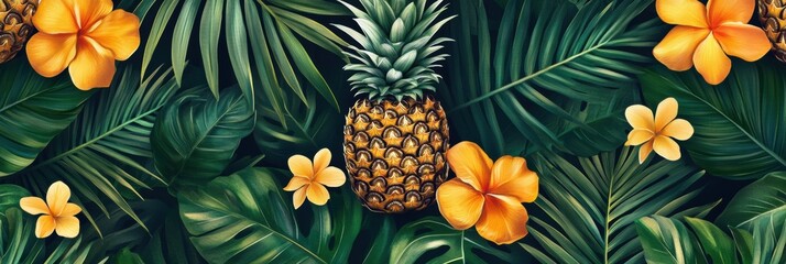 Poster - Vibrant tropical seamless pattern featuring pineapples and colorful hibiscus flowers amid lush green leaves. Generative AI