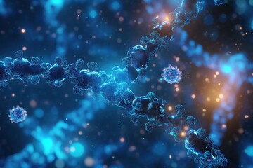 Fototapete - Visual representation of antibodies targeting glowing viruses in a microscopic environment. Generative AI