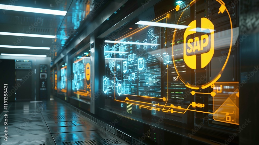 High-tech server room with holographic SAP icons overlaying server ...