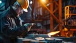 © keshia - A close-up of a metallurgist examining a metal ingot for quality control in a foundry, Foundry inspection scene, Quality assurance style