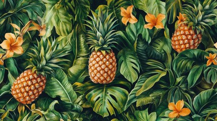 Poster - Tropical seamless pattern featuring pineapples and vibrant foliage in lush green and warm orange tones. Generative AI