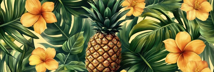 Poster - Tropical seamless pattern of vibrant pineapples and lush green leaves with bright flowers in a lively design. Generative AI