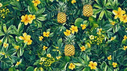 Poster - Tropical seamless pattern featuring vibrant pineapples and lush green leaves with bright yellow flowers throughout. Generative AI