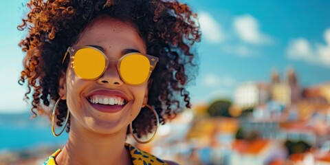 Wind, style, and a woman enjoying summer on a rooftop, showcasing trendy clothing. Portrait of a smiling student or tourist connecting with a man